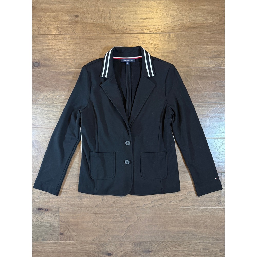 Tommy Hilfiger Womens Black Knit Blazer Striped Trim Two Button Jacket Size M